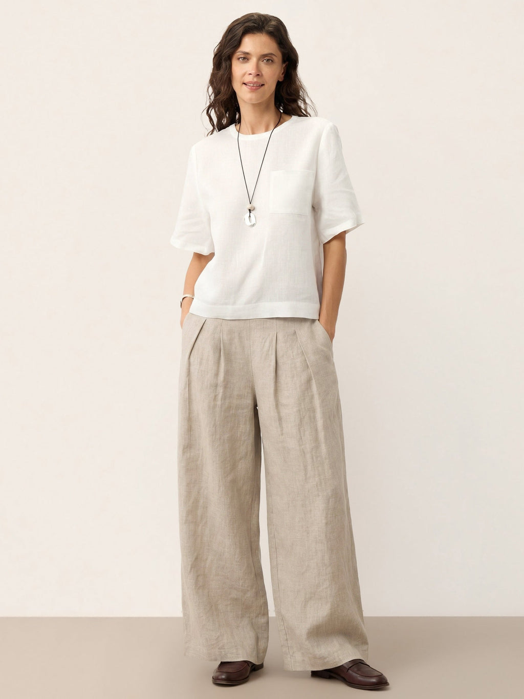 Linen Pleated Waist Wide Leg Pants