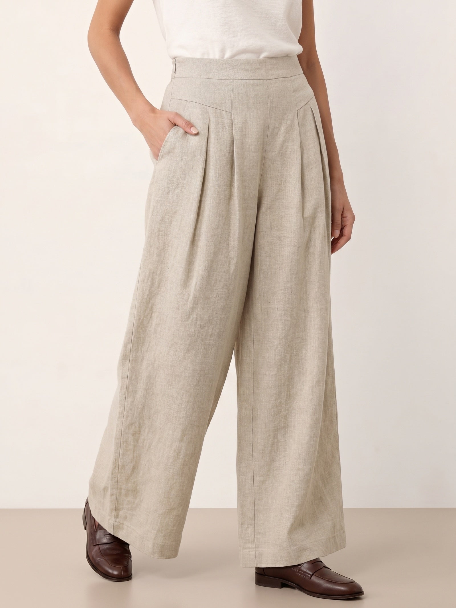 Linen Pleated Waist Wide Leg Pants