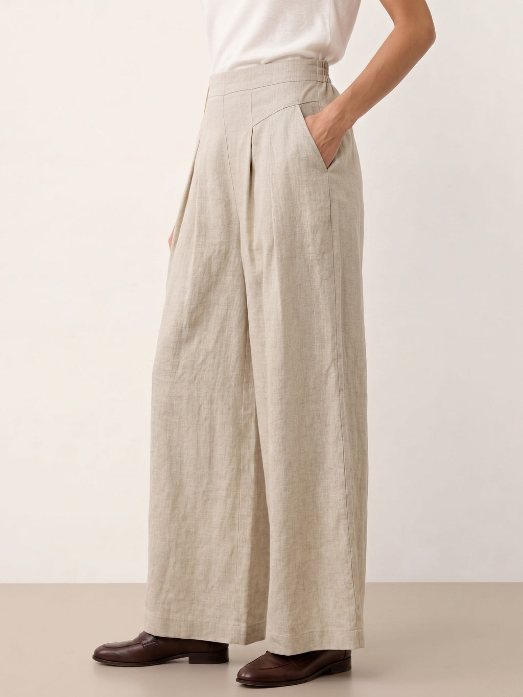 Linen Pleated Waist Wide Leg Pants