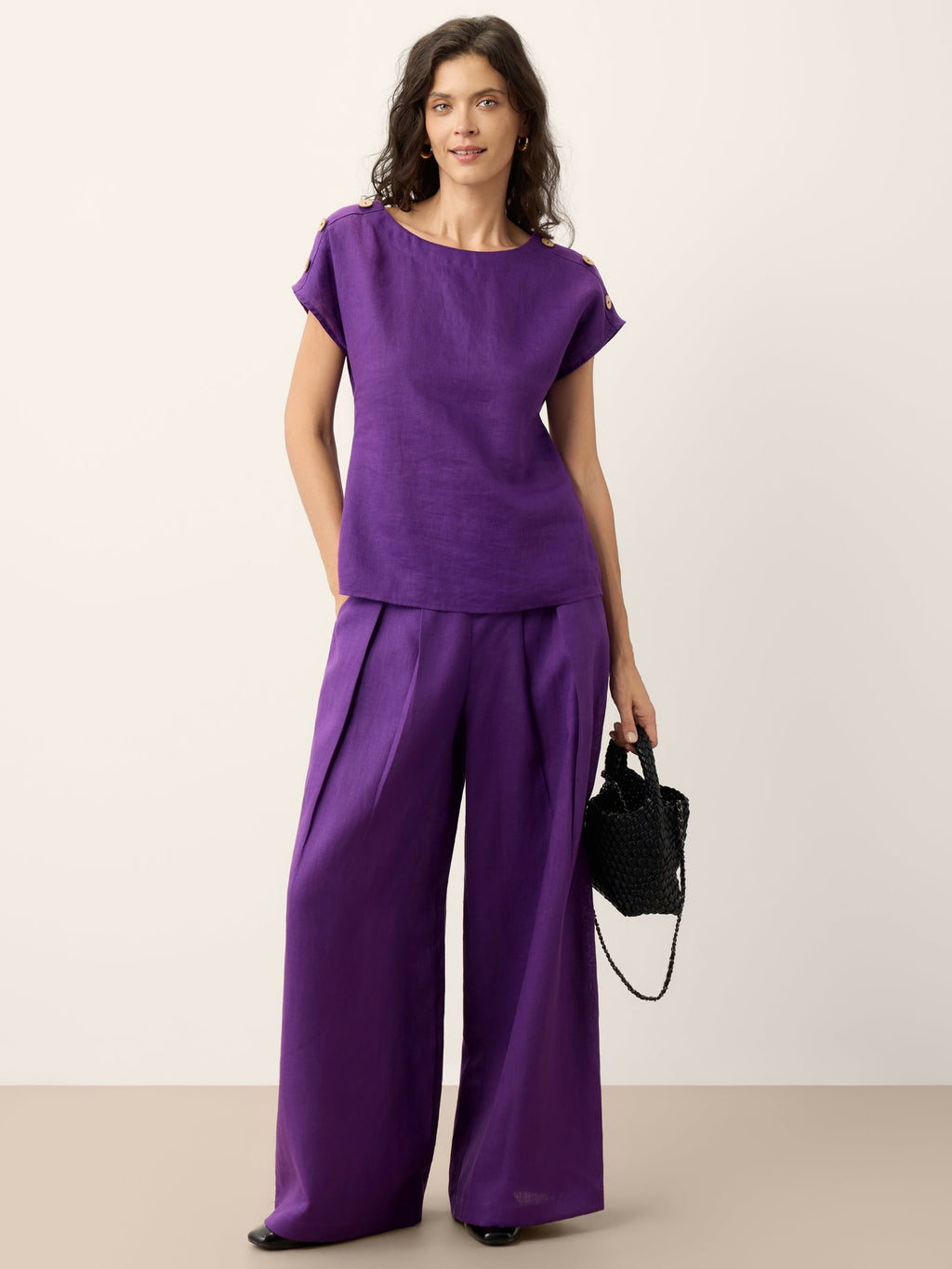 Linen Pleated Waist Wide Leg Pants