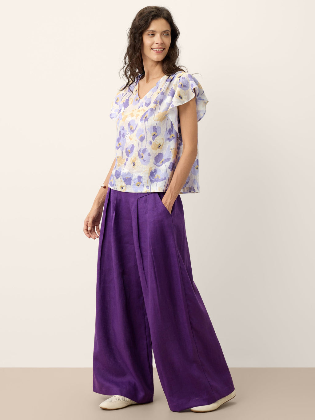 Linen Pleated Waist Wide Leg Pants
