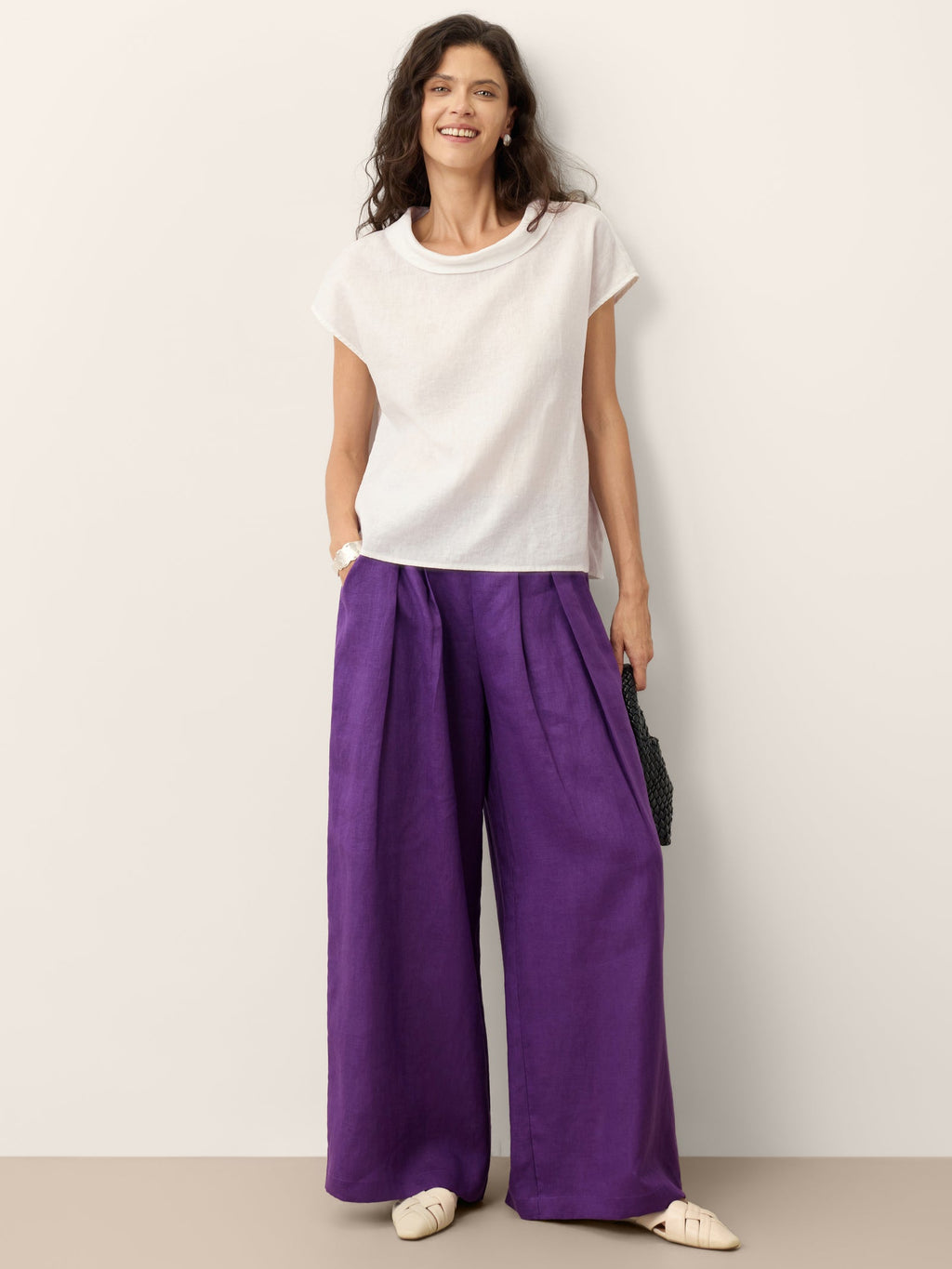 Linen Pleated Waist Wide Leg Pants