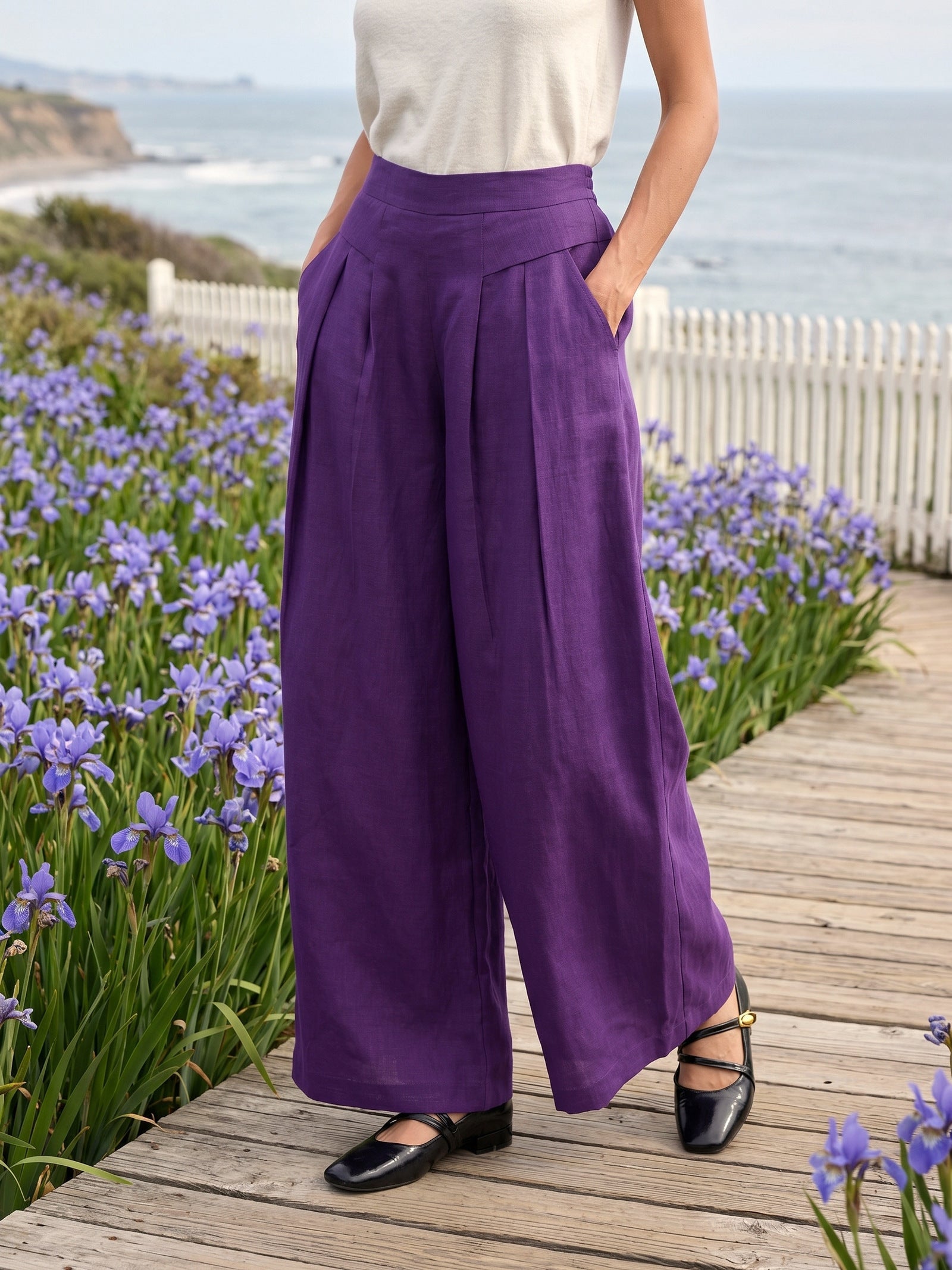 Linen Pleated Waist Wide Leg Pants