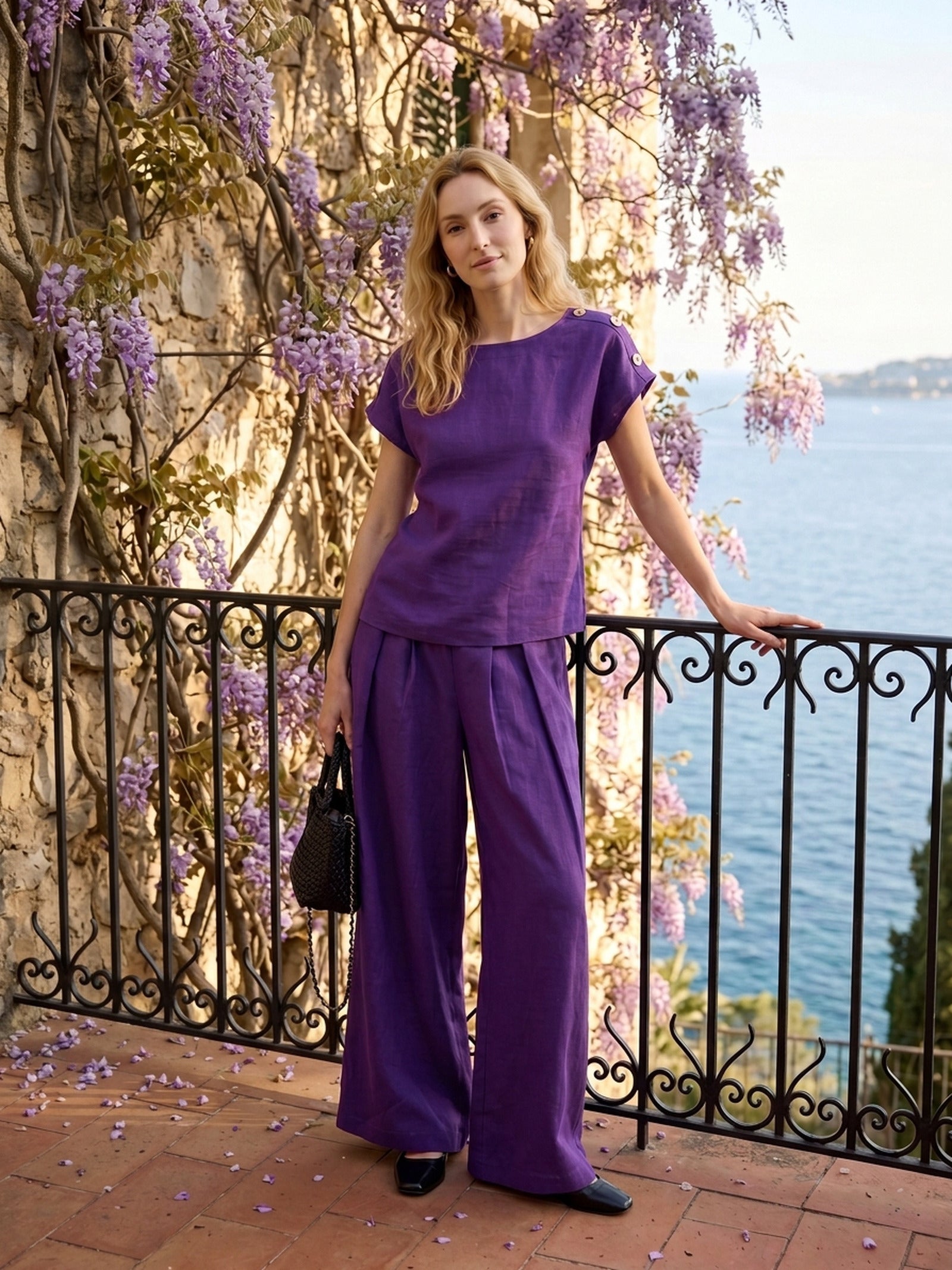 Linen Pleated Waist Wide Leg Pants