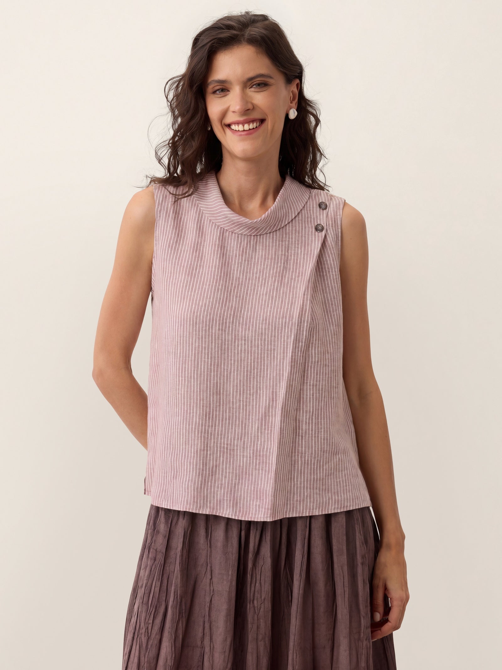 Linen Striped Diagonal Pleat Mock Neck Top