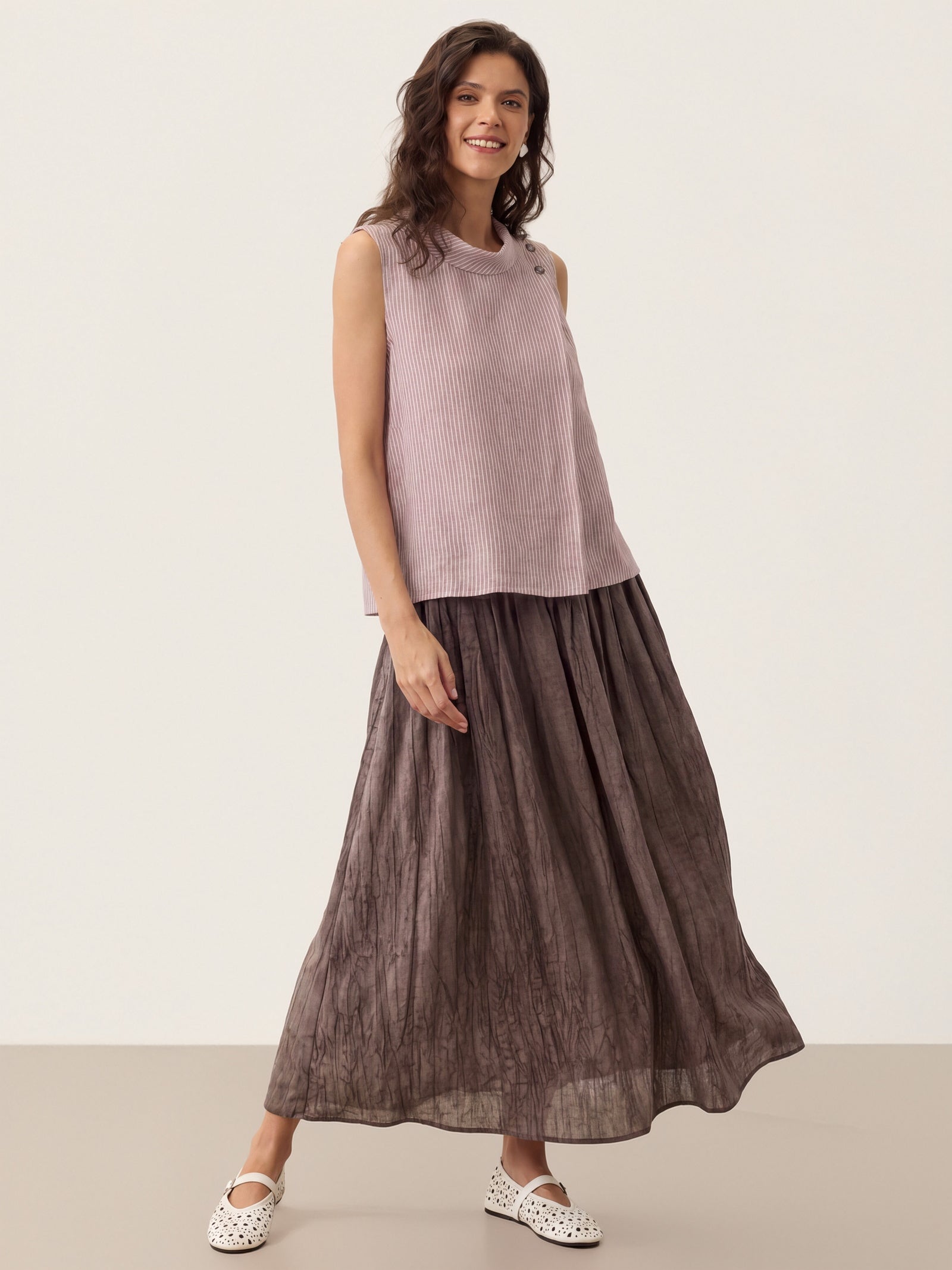 Linen Striped Diagonal Pleat Mock Neck Top