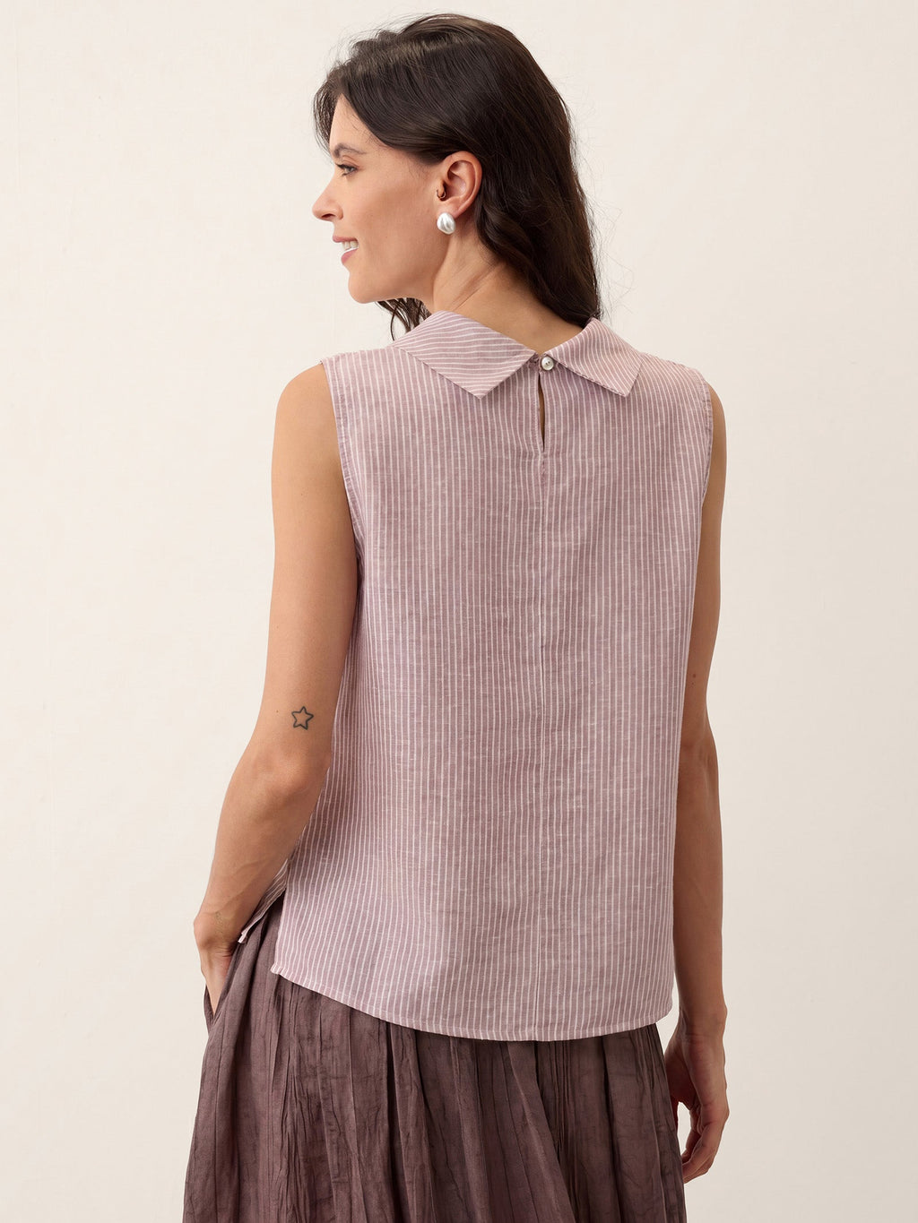 Linen Striped Diagonal Pleat Mock Neck Top