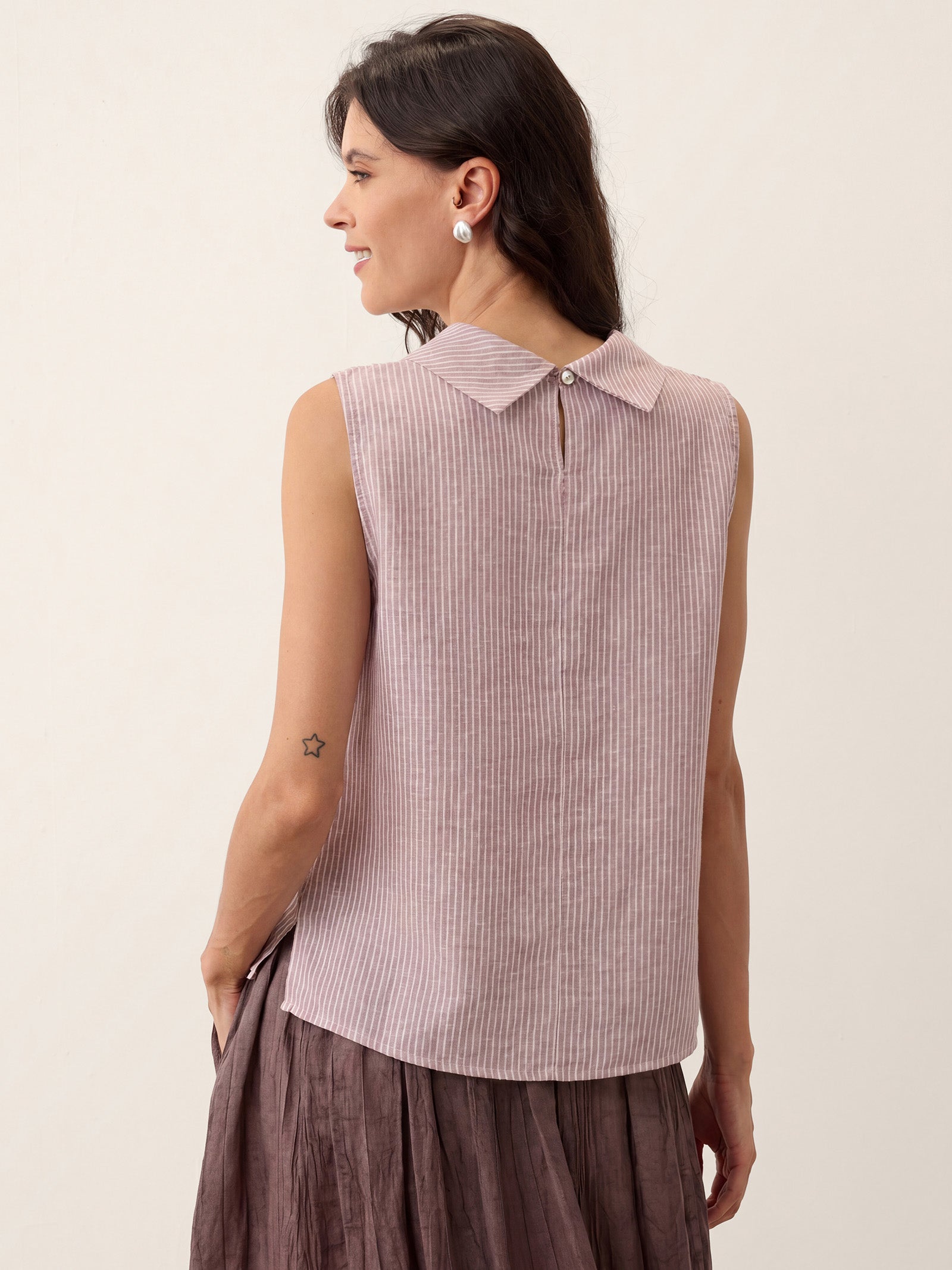 Linen Striped Diagonal Pleat Mock Neck Top