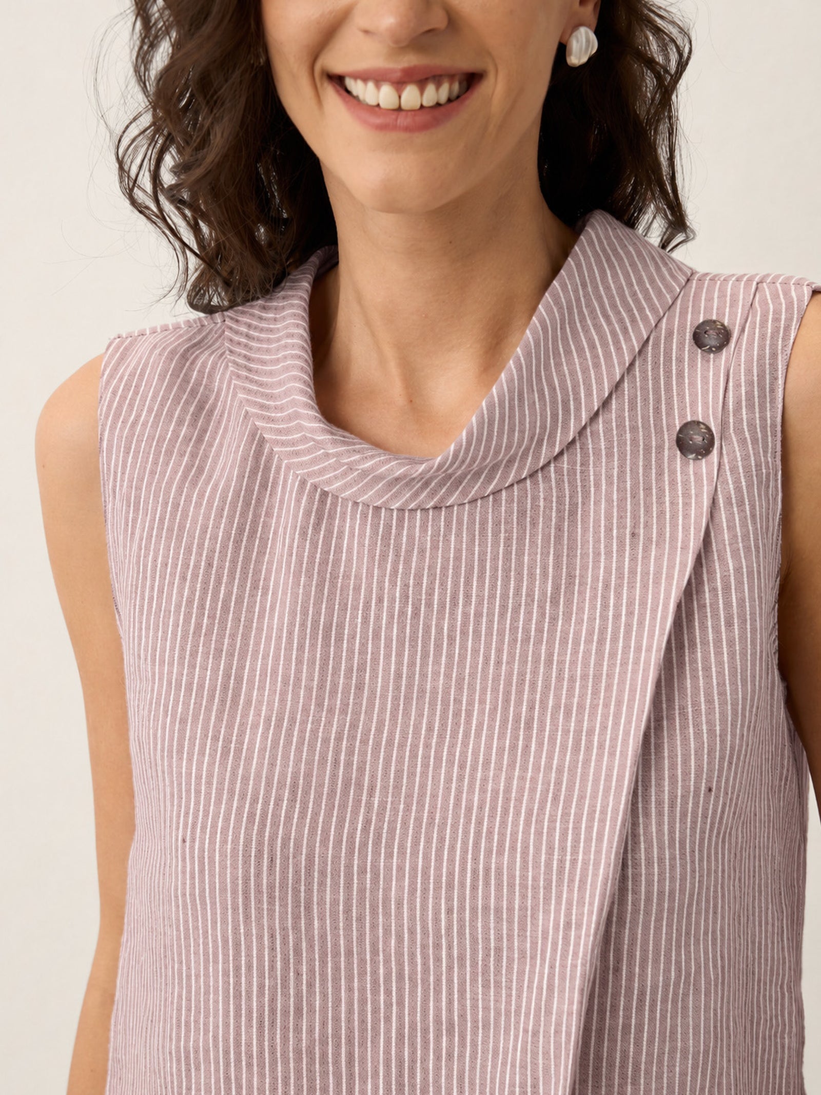 Linen Striped Diagonal Pleat Mock Neck Top