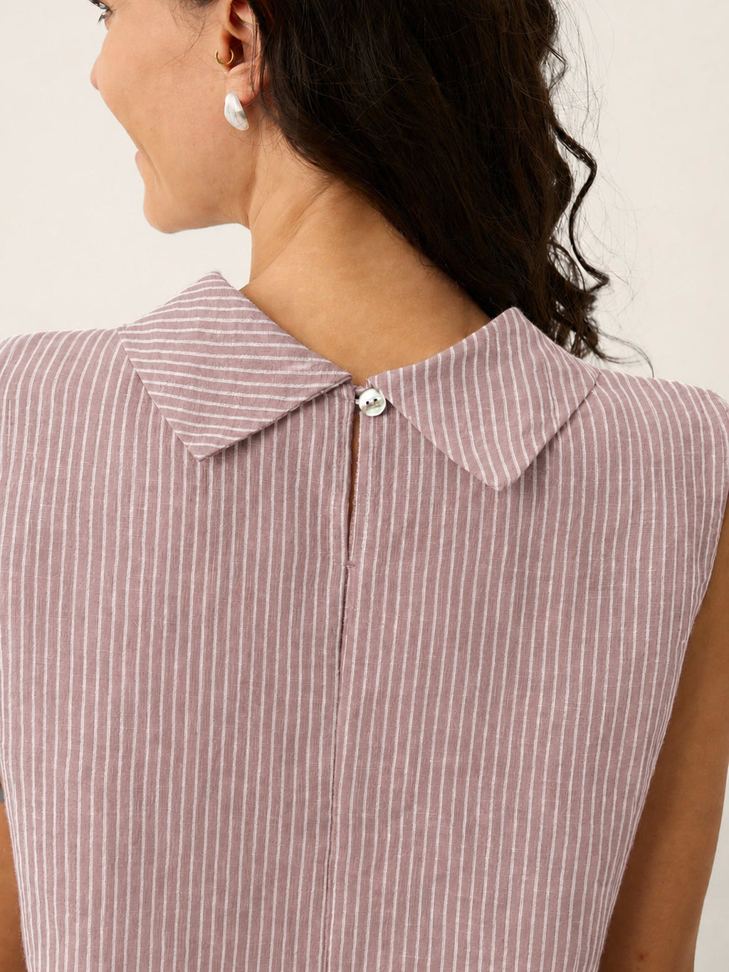 Linen Striped Diagonal Pleat Mock Neck Top