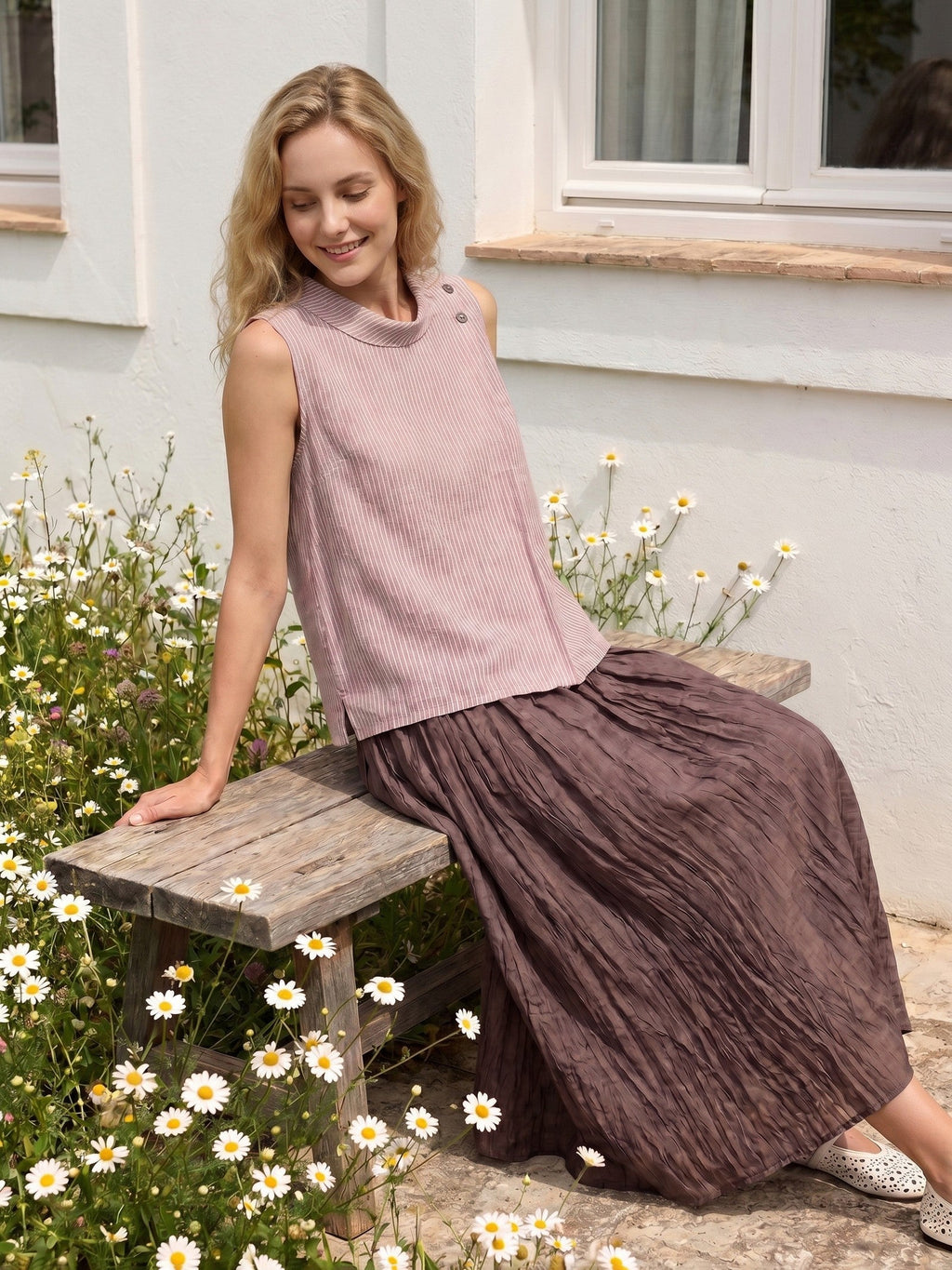 Linen Striped Diagonal Pleat Mock Neck Top