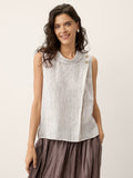 Linen Striped Diagonal Pleat Mock Neck Top