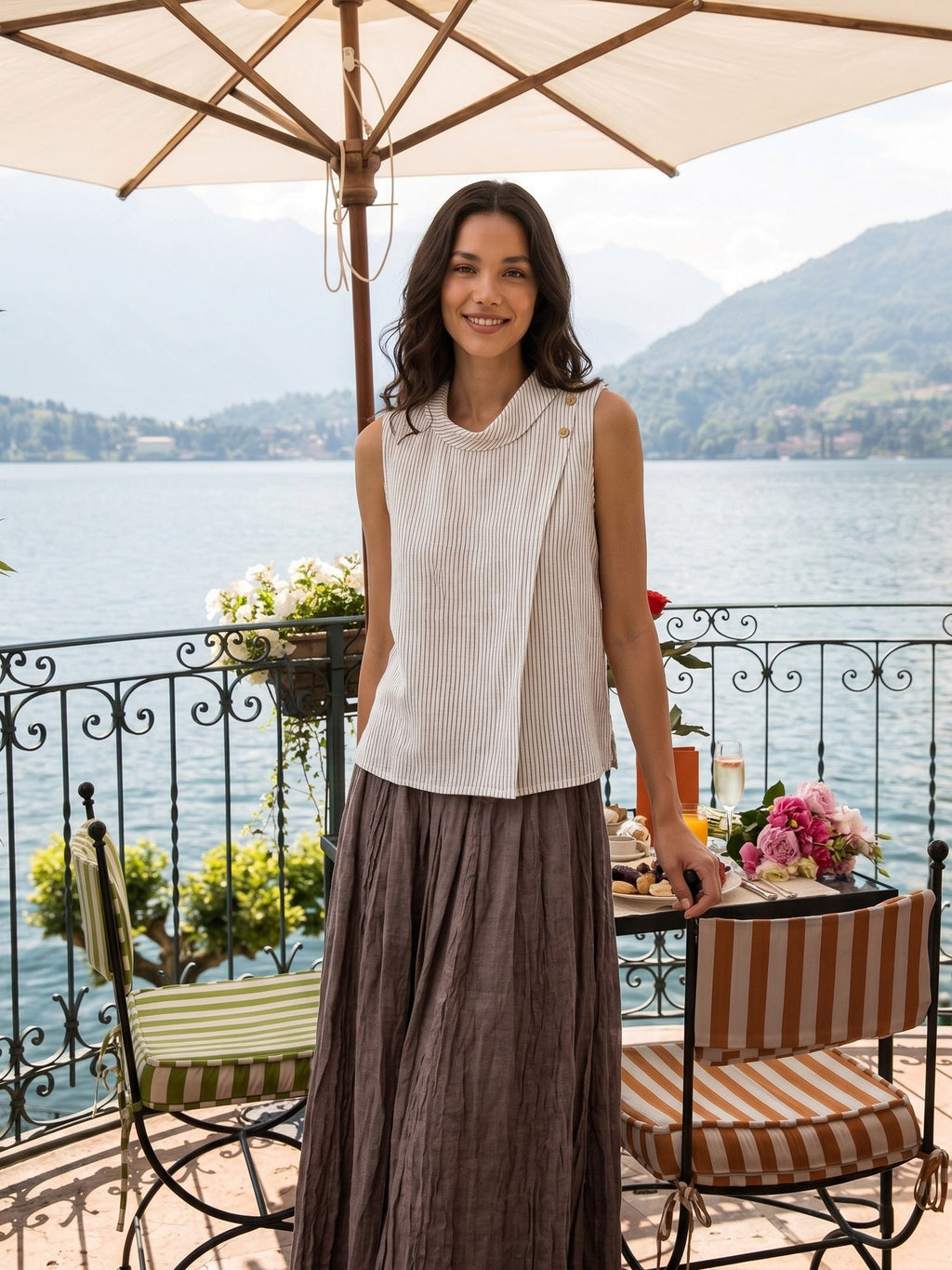 Linen Striped Diagonal Pleat Mock Neck Top
