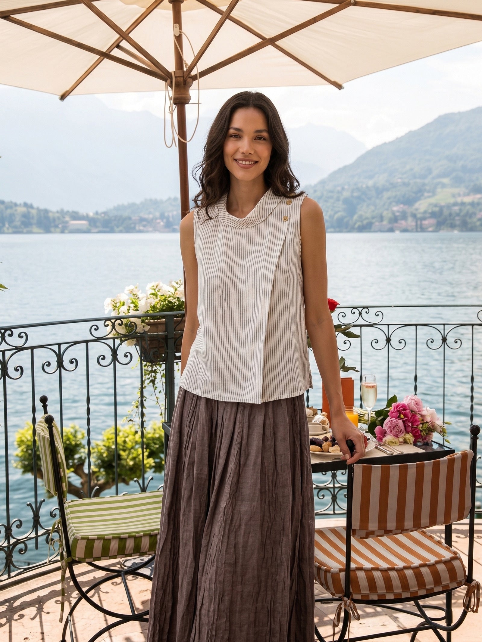 Linen Striped Diagonal Pleat Mock Neck Top