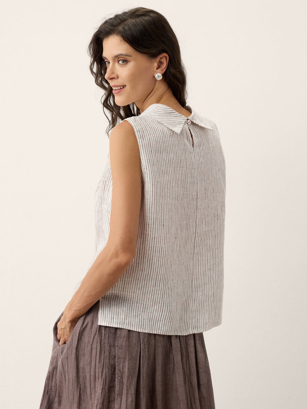 Linen Striped Diagonal Pleat Mock Neck Top