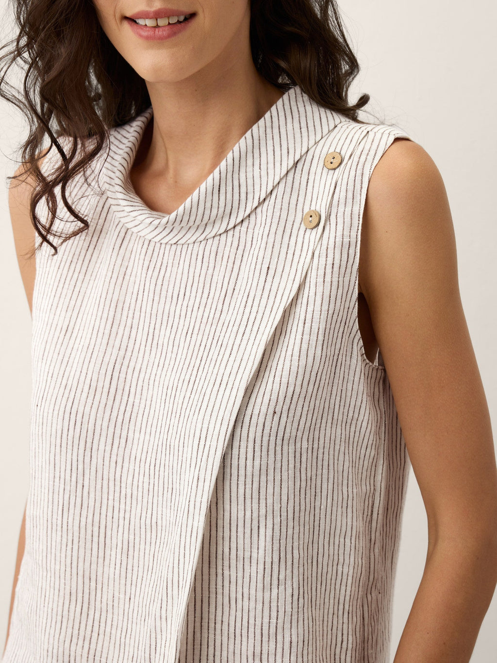 Linen Striped Diagonal Pleat Mock Neck Top