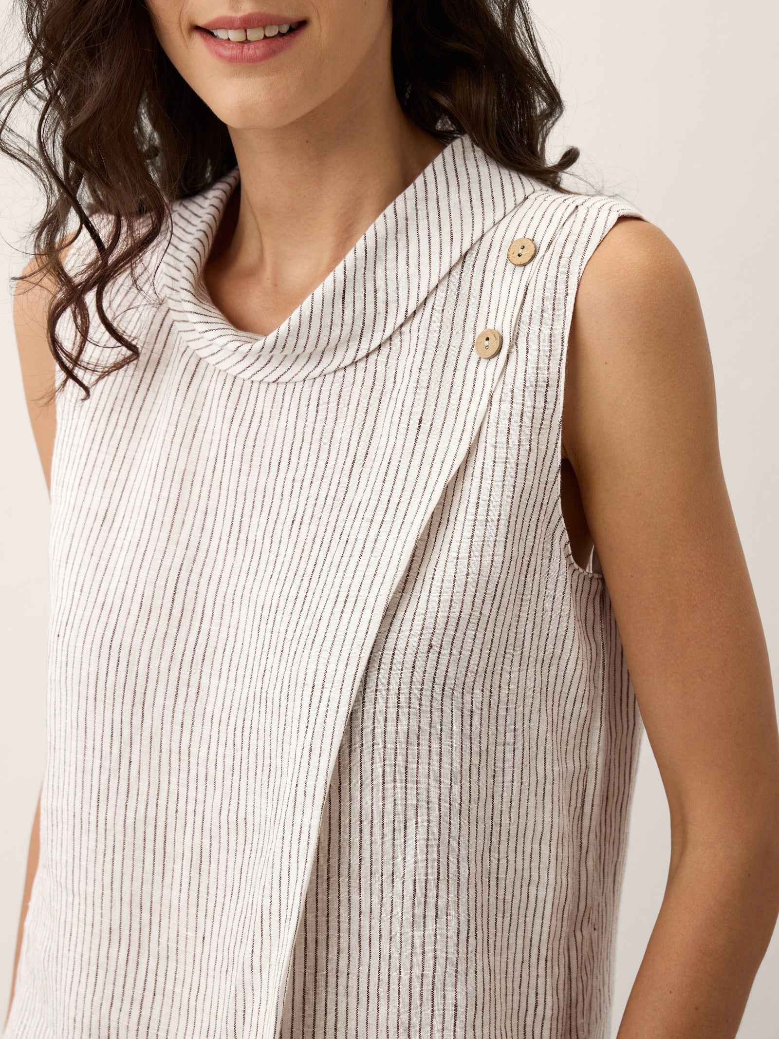 Linen Striped Diagonal Pleat Mock Neck Top
