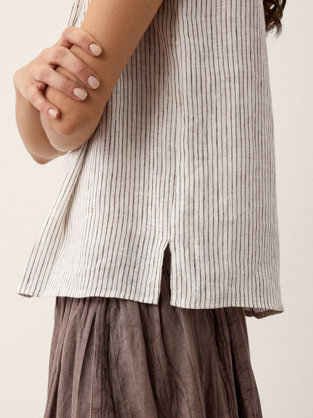 Linen Striped Diagonal Pleat Mock Neck Top