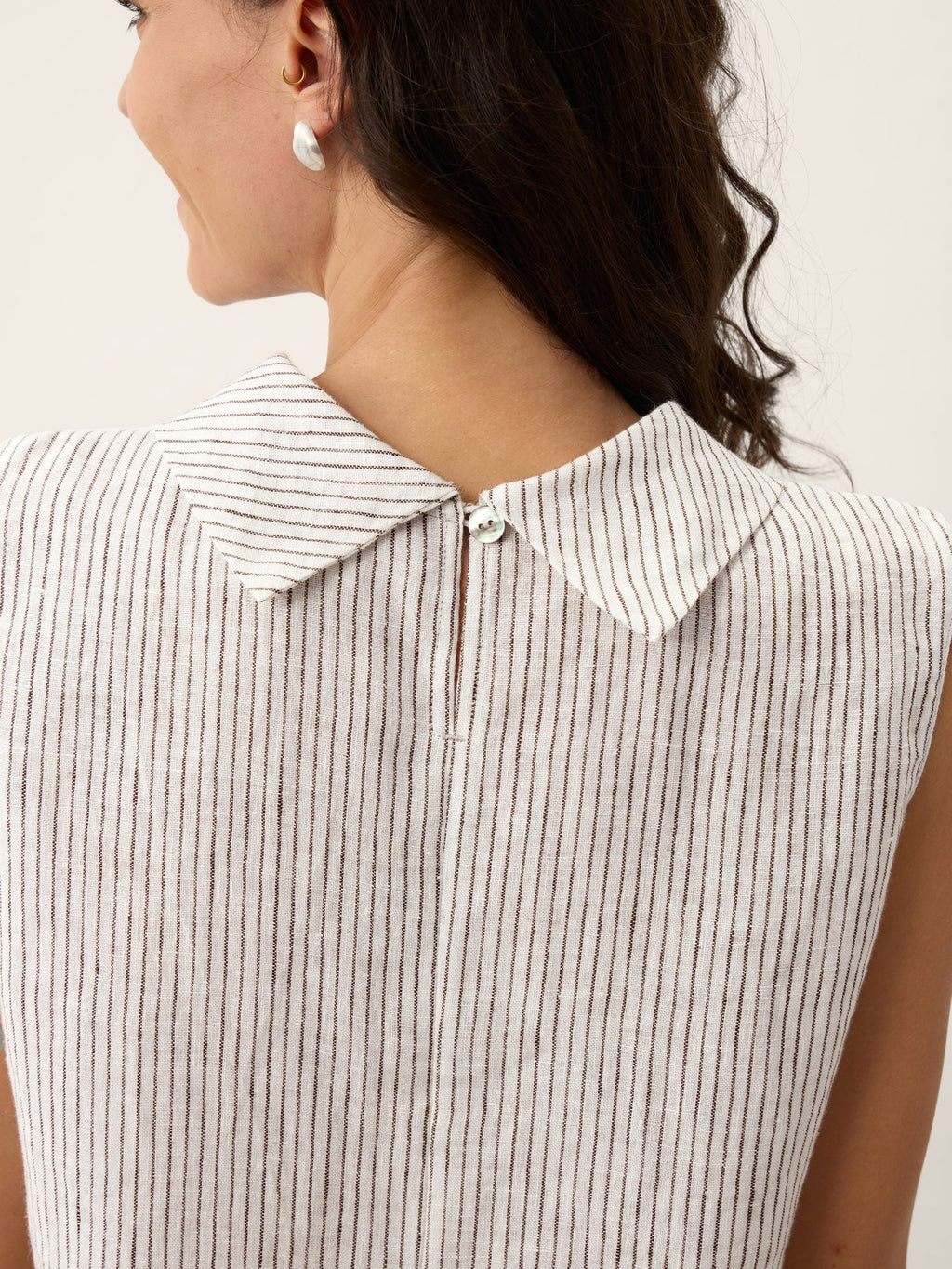 Linen Striped Diagonal Pleat Mock Neck Top