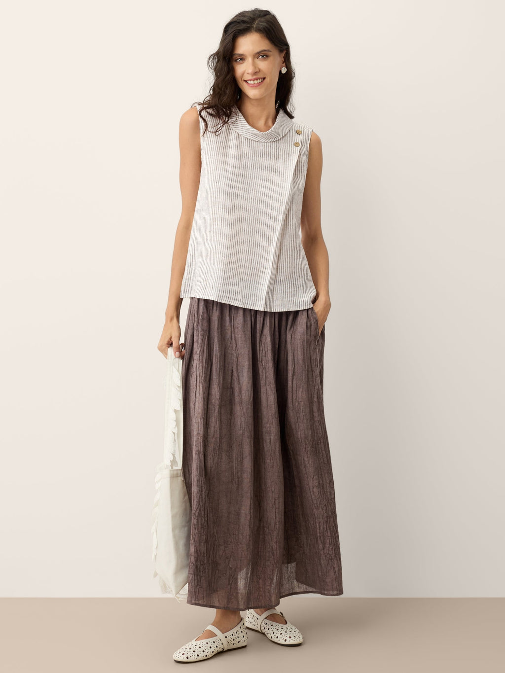Linen Striped Diagonal Pleat Mock Neck Top
