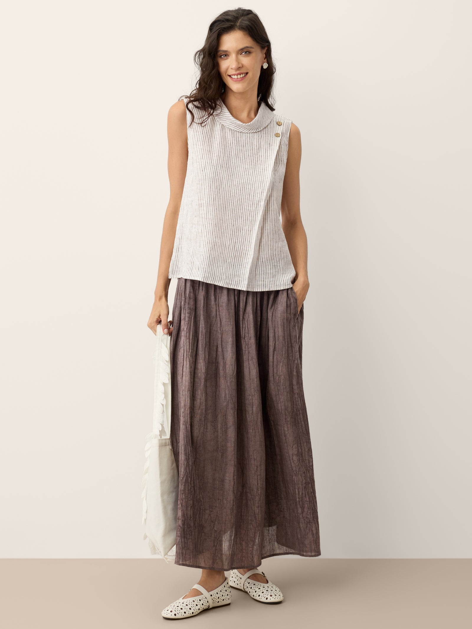 Linen Striped Diagonal Pleat Mock Neck Top