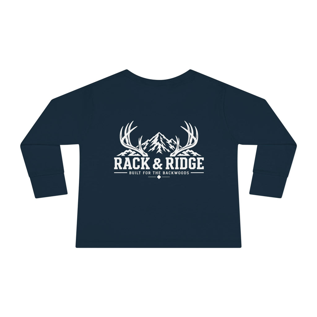 Toddler Long Sleeve Tee — 'Rack & Ridge' Mountain Antler Graphic Kids Shirt