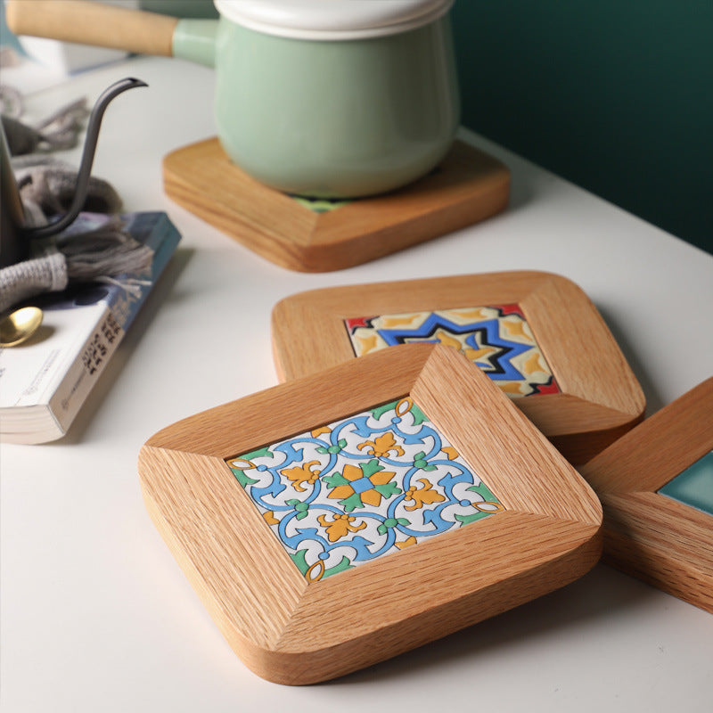 Japanese Oak Tile Trivet & Pot Mat – Solid Wood Floral Insulation Mat for Dining Table