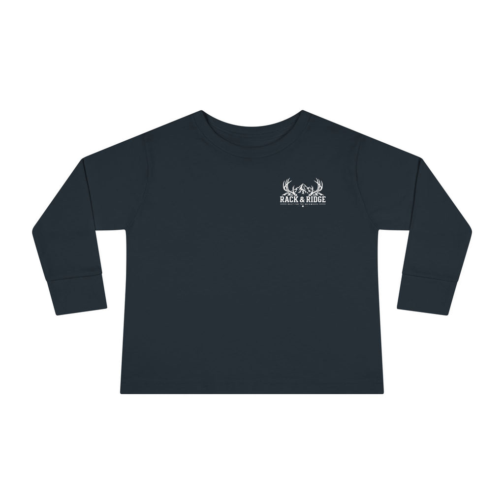 Toddler Long Sleeve Tee — 'Rack & Ridge' Mountain Antler Graphic Kids Shirt