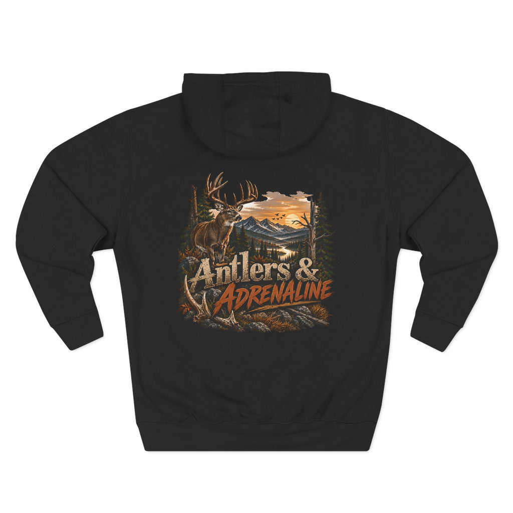 Antlers & Adrenaline Hoodie — Hunting Graphic Fleece Pullover