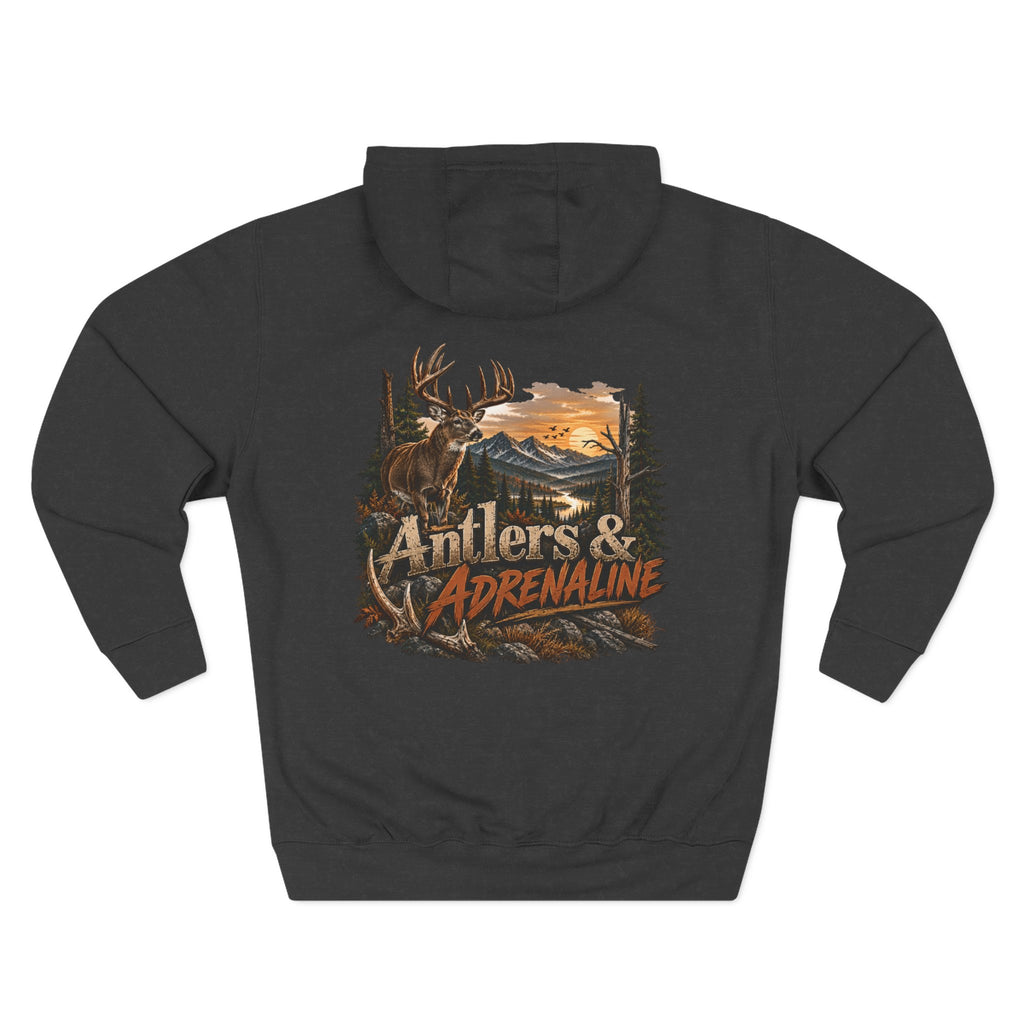 Antlers & Adrenaline Hoodie — Hunting Graphic Fleece Pullover