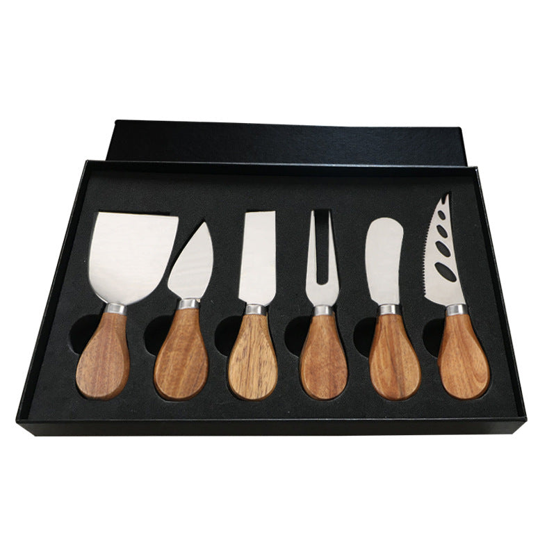 Stainless Steel Simple Ins Style Cheese Knife Fork Cheese Butter Knife Pizza Oak Handle Baking Tool Gift Box Set