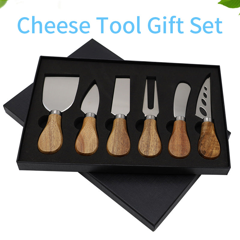 Stainless Steel Simple Ins Style Cheese Knife Fork Cheese Butter Knife Pizza Oak Handle Baking Tool Gift Box Set