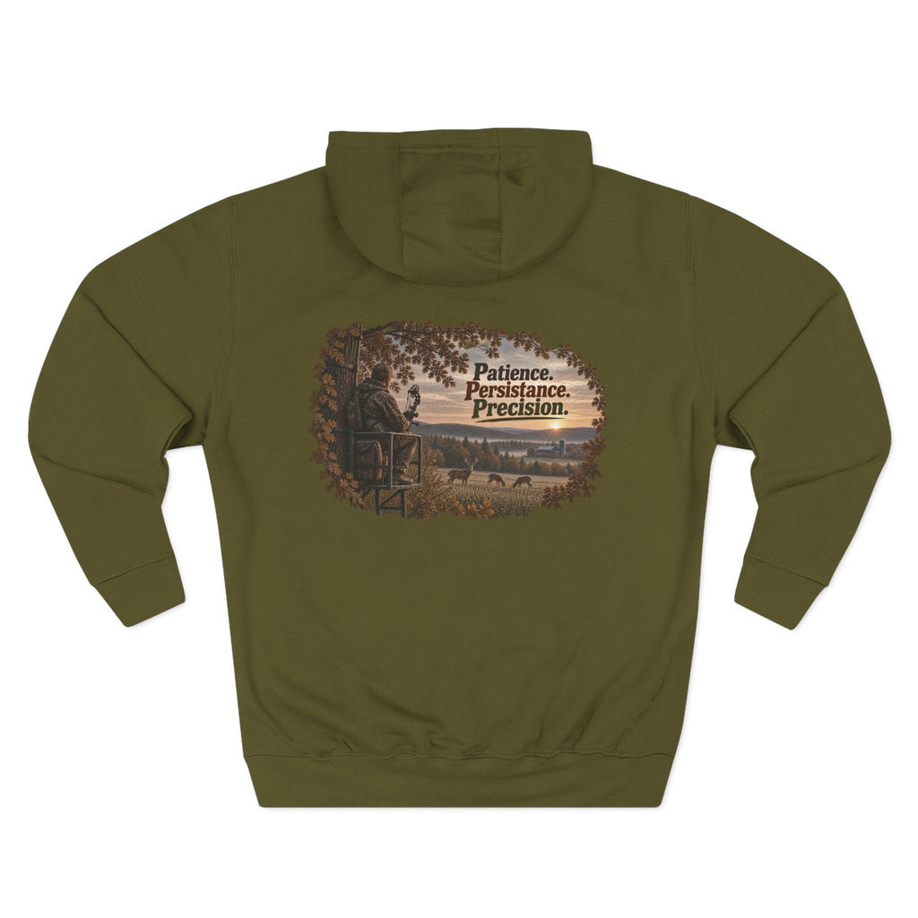 Patience Persistence Precision Hunting Hoodie — Deer Stand Outdoor Fleece