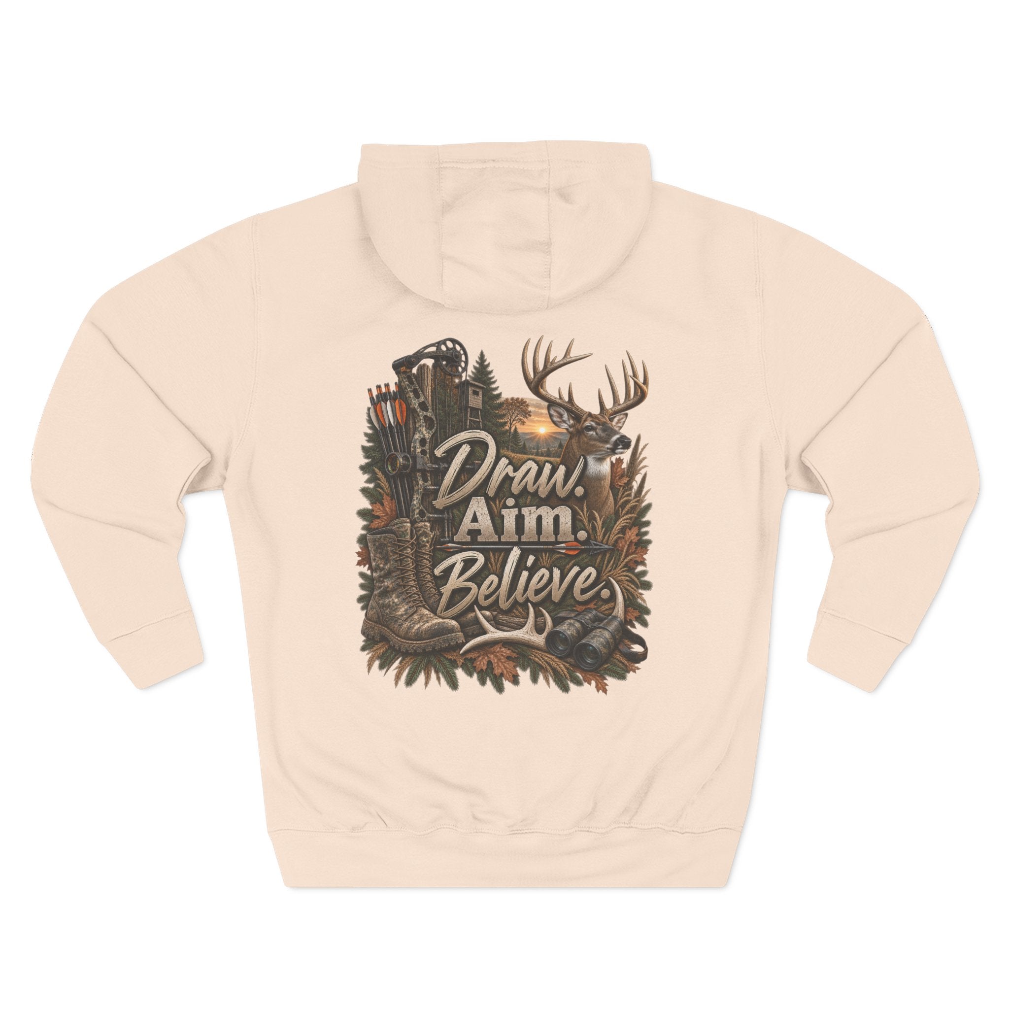 Draw Aim Believe Hoodie — Hunting Deer Graphic Fleece Pullover