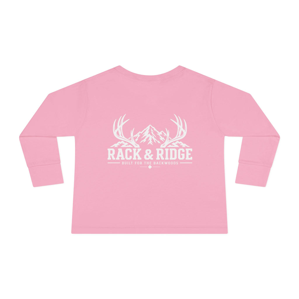 Toddler Long Sleeve Tee — 'Rack & Ridge' Mountain Antler Graphic Kids Shirt