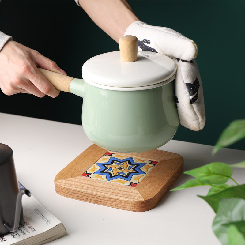 Japanese Oak Tile Trivet & Pot Mat – Solid Wood Floral Insulation Mat for Dining Table