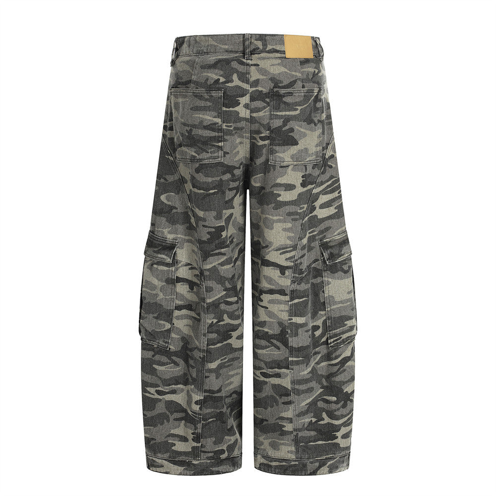 Men's Camo Workwear Cargo Pants – Distressed Denim Loose Fit Trousers