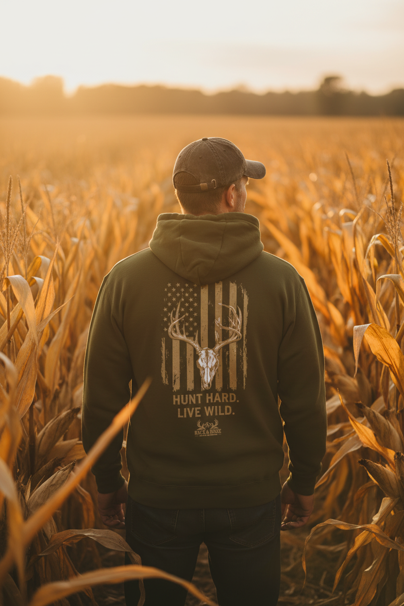 Hunt Hard. Live Wild. Flag | Rack & Ridge Hoodie