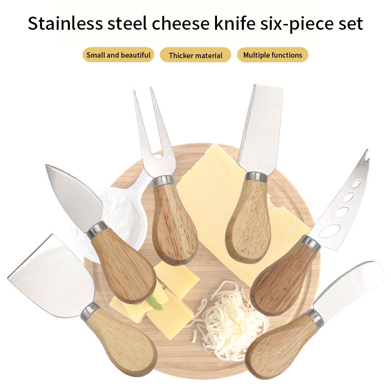 Stainless Steel Simple Ins Style Cheese Knife Fork Cheese Butter Knife Pizza Oak Handle Baking Tool Gift Box Set
