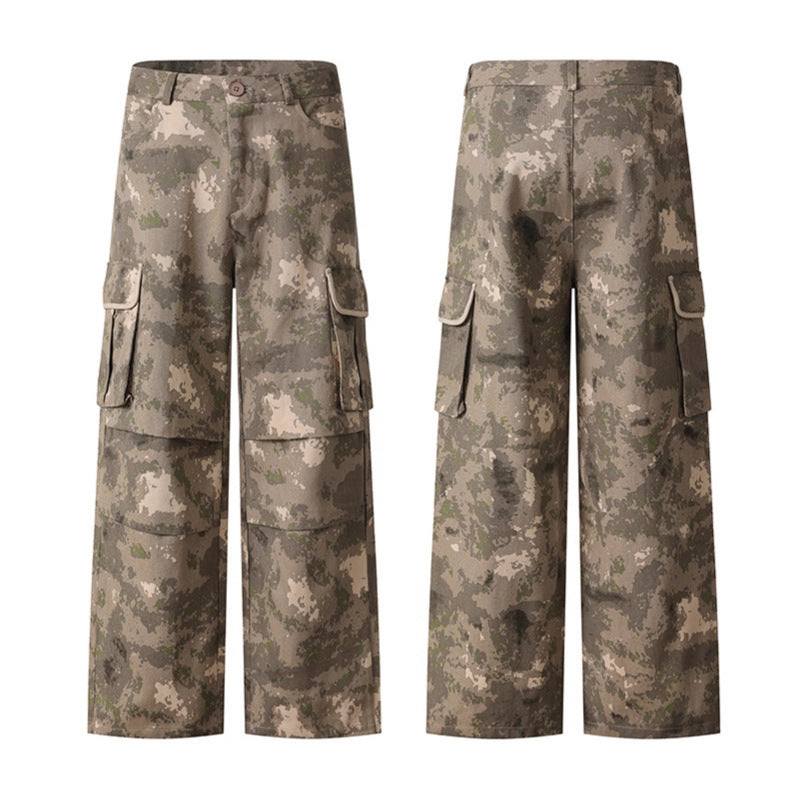 Men's Camo Multi-Pocket Work Pants – Loose Fit Denim Cargo Trousers