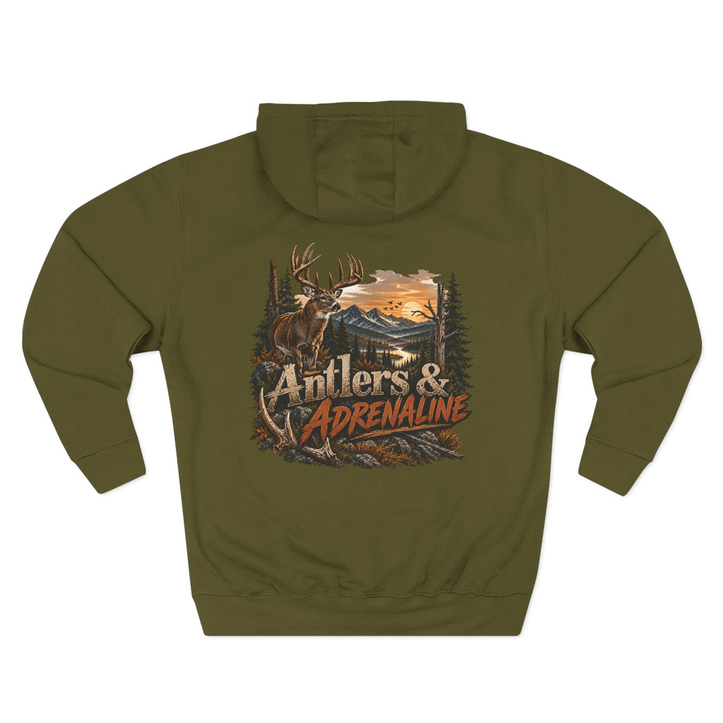 Antlers & Adrenaline Hoodie — Hunting Graphic Fleece Pullover