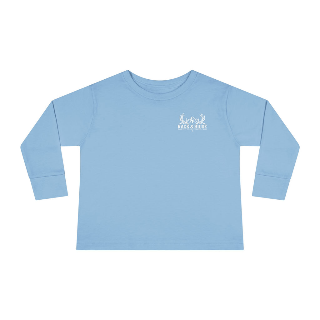 Toddler Long Sleeve Tee — 'Rack & Ridge' Mountain Antler Graphic Kids Shirt