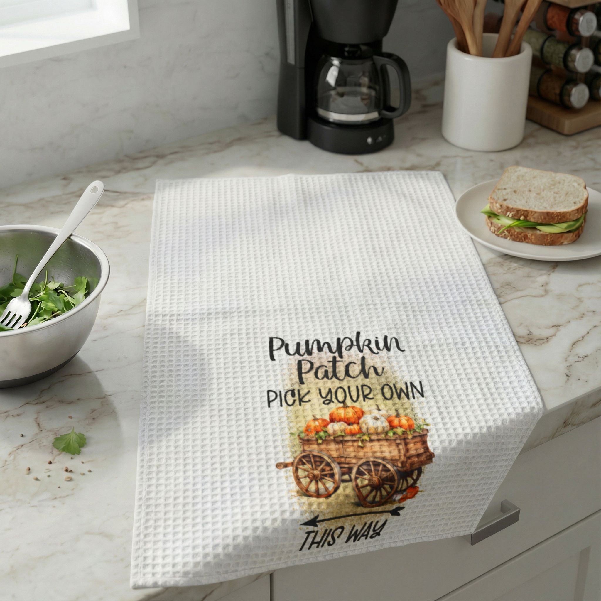 Kitchen Towel — "Pumpkin Patch Pick Your Own This Way" Waffle Weave Fall Decor