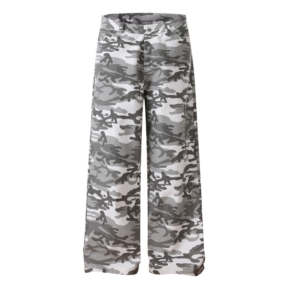 Men's Wide Leg Camo Pants – Loose Fit Gray Camouflage Cotton Trousers