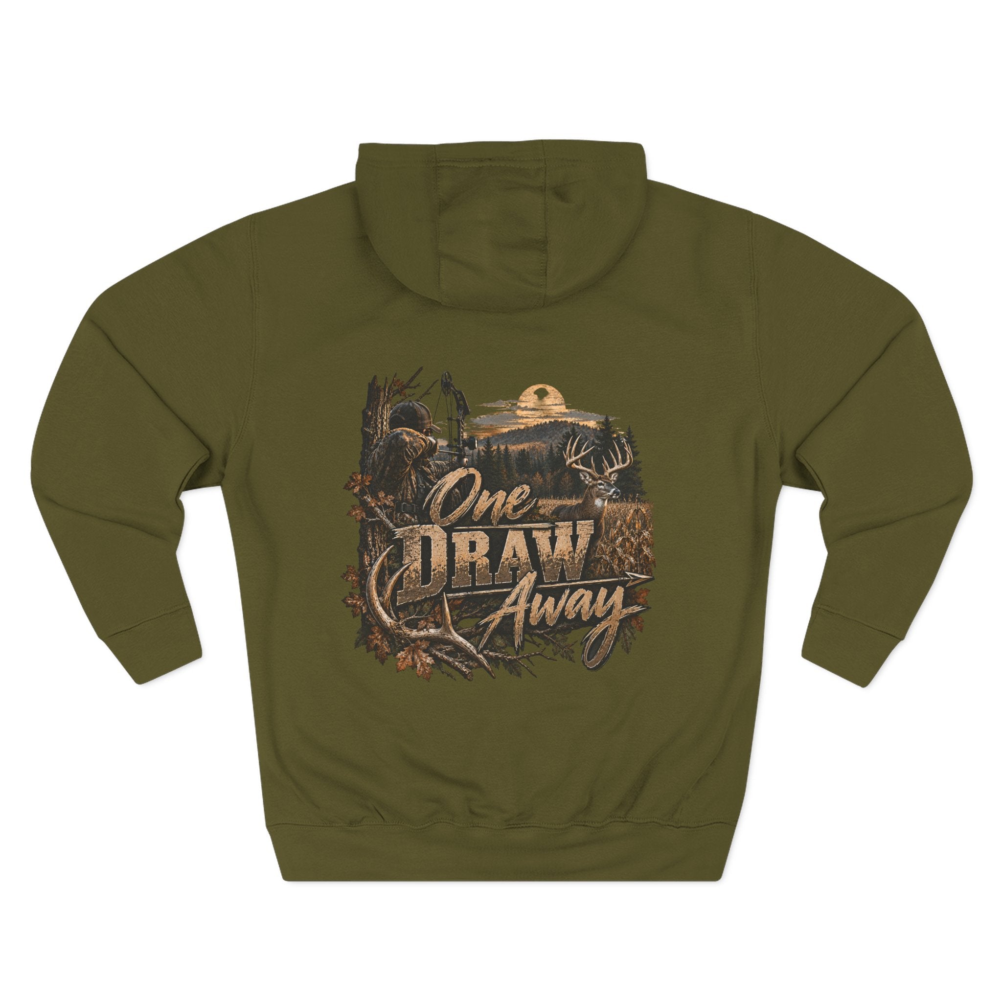 Hunting Hoodie — "One Draw Away" Back-Graphic Fleece Pullover