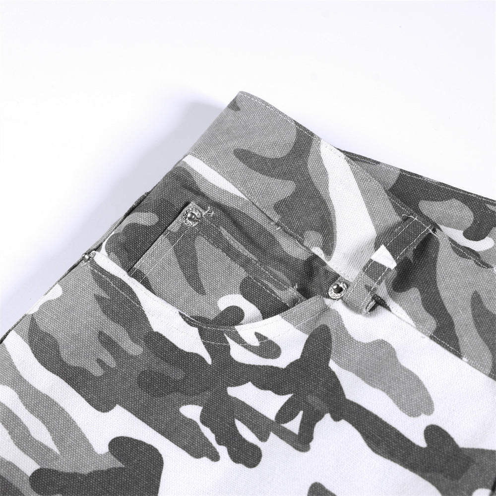 Men's Wide Leg Camo Pants – Loose Fit Gray Camouflage Cotton Trousers