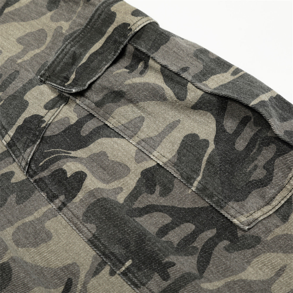 Men's Camo Workwear Cargo Pants – Distressed Denim Loose Fit Trousers