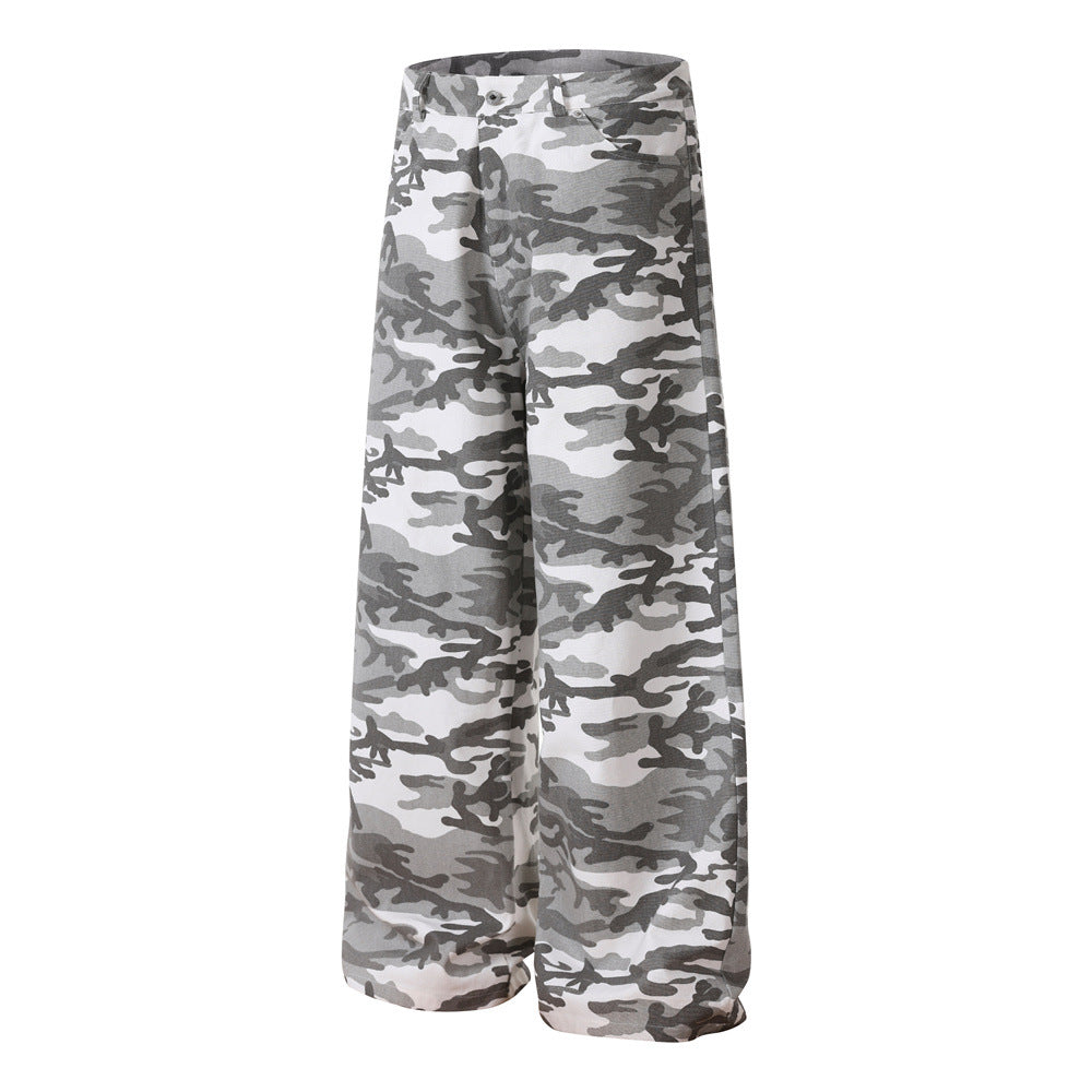 Men's Wide Leg Camo Pants – Loose Fit Gray Camouflage Cotton Trousers