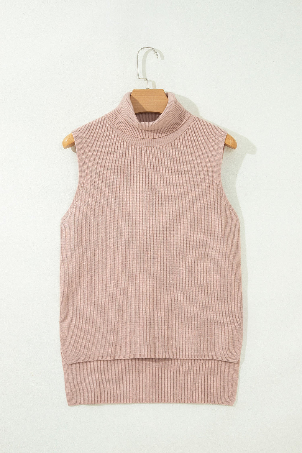 Solid Turtleneck Split Hem Sleeveless Knit Top
