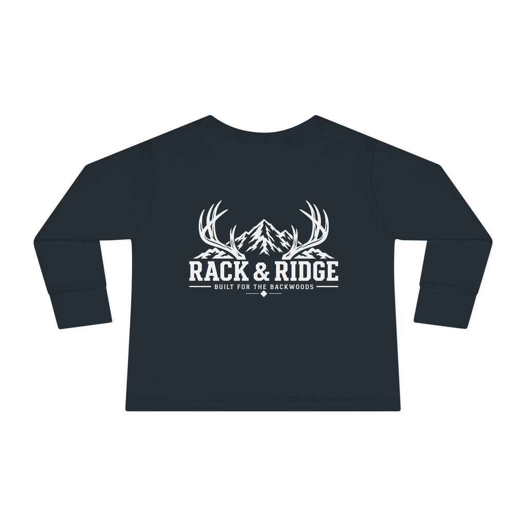 Toddler Long Sleeve Tee — 'Rack & Ridge' Mountain Antler Graphic Kids Shirt